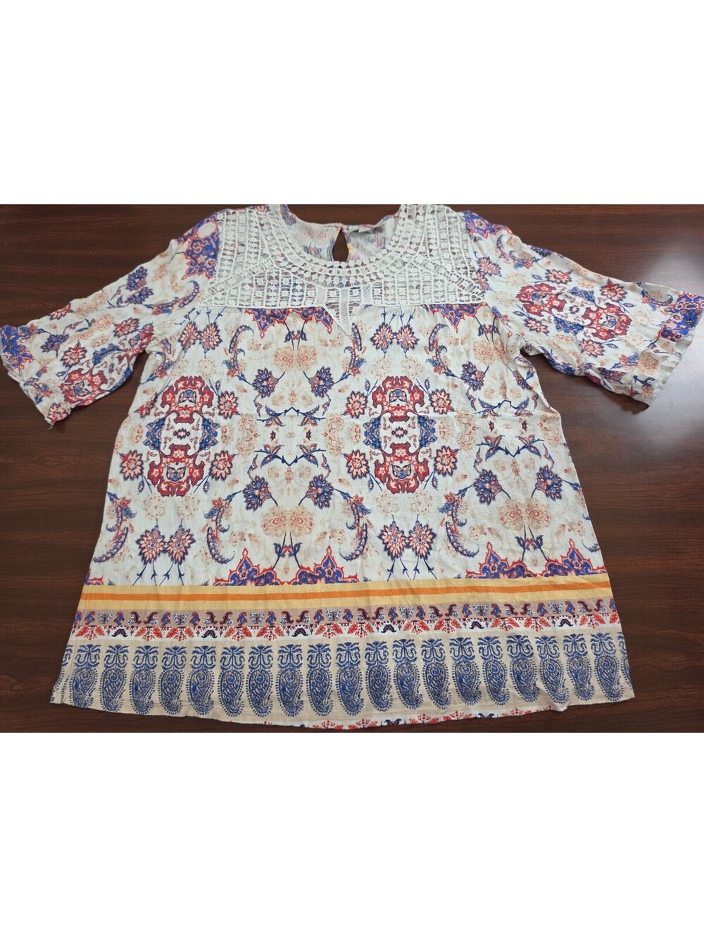 Vintage America XL Red Blue Paisley Crochet Yoke Top Southwestern Boho Chic